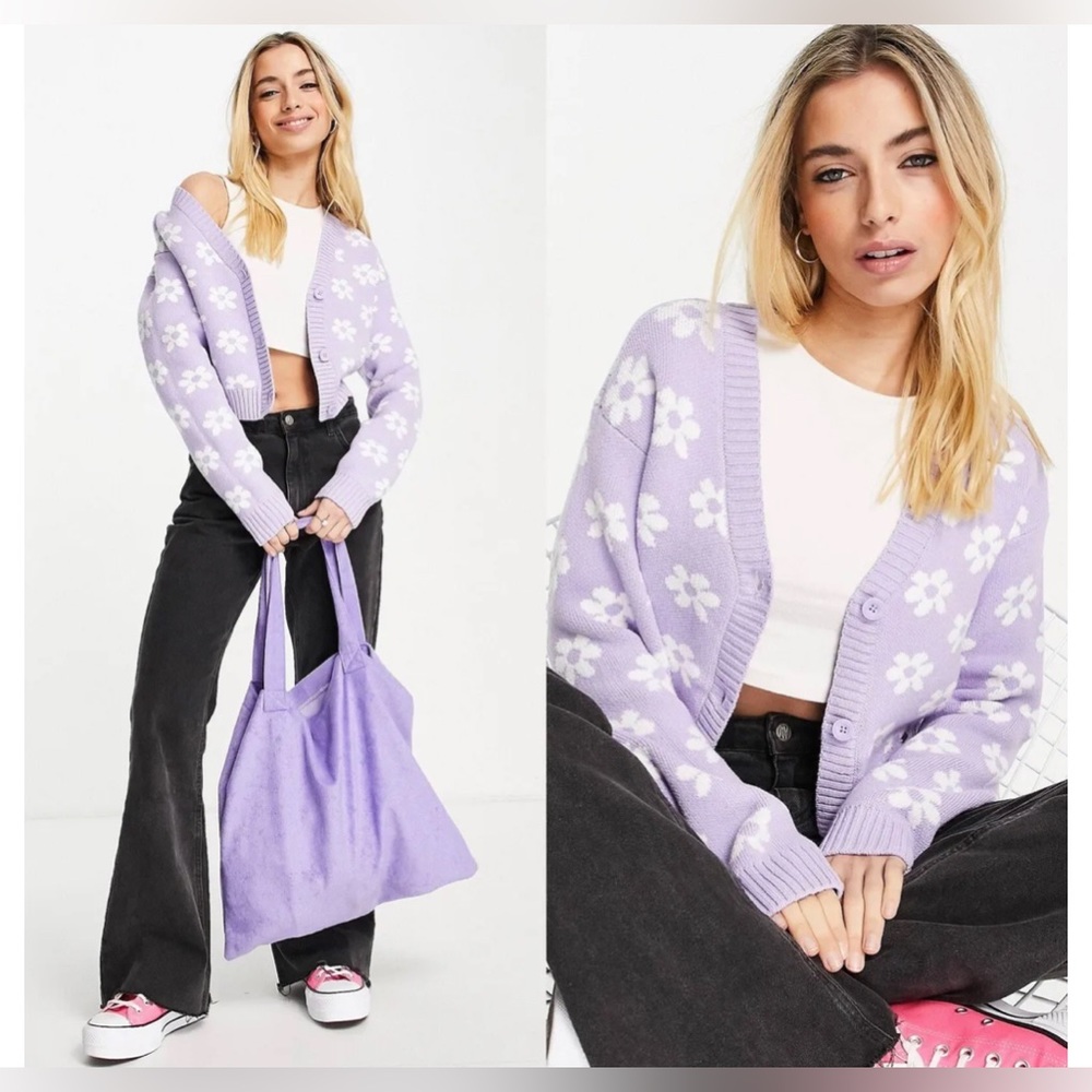 💜🤍 Hollister Knit Cardigan Long Sleeve Lavender Floral Daisy Barbiecore-M-EUC